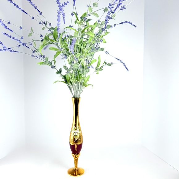 VTG Murano Venetian Ruby Glass & 24K Gold Paint 11” Hand Painted Floral Bud Vase - Picture 16 of 16